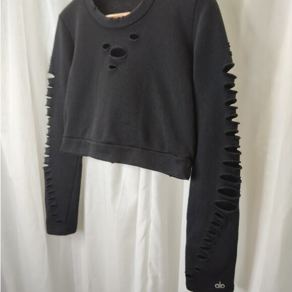 alo Black Cropped Crewneck Sweathsirt with distressing, xs - Picture 2 of 11